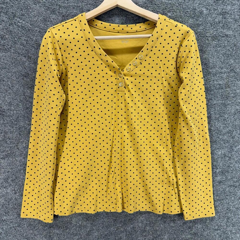 Appleseed's T-Shirt Women S Small Yellow Polka Dot V-Neck Long Sleeve Button